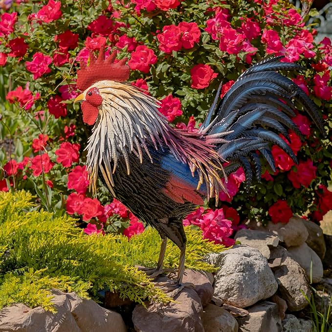 Zaer Ltd. 2.3 Ft. Tall Fancy Ornate Metal Rooster Statue Decorations (Chester)