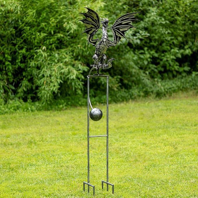 Zaer Ltd. Metal Dragon Rocking Garden Stake, Kinetic Wind Decor, Metallic Black Finish, Moving Wings (Tail to The Side Dayfyre)