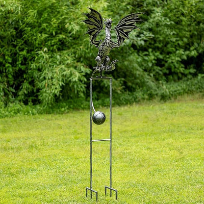 Zaer Ltd. Metal Dragon Rocking Garden Stake, Kinetic Wind Decor, Metallic Black Finish, Moving Wings (Tail to The Side Dayfyre)