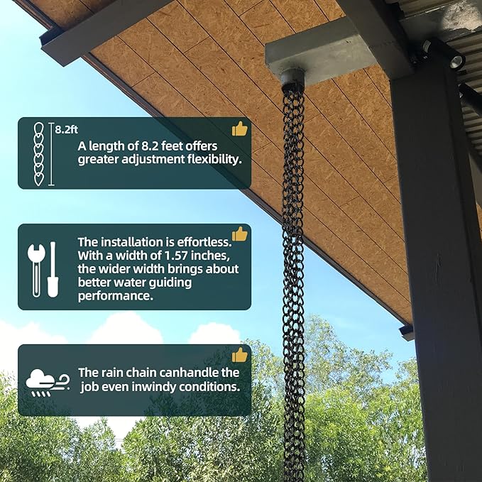 Rain Chain,8.2FT Black Powder Coated Rain Catcher,Rain Chains for Gutters