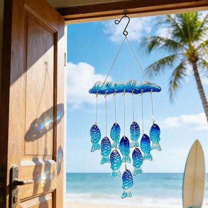 H&D HYALINE & DORA 21 Inch Blue Sea Glass Wind Chimes for Outside Blown Glass Fish Windchime Outdoor Decor for a Harmonic Porch, Patio & Garden