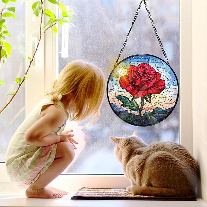 Bimkole Rose Stained Glass Suncatcher Window Hanging - Flowers Design for Indoor Window or Doorway Decoration - 7.87x7.87 inch with Chain and Hook - Unique Home Decor Gift