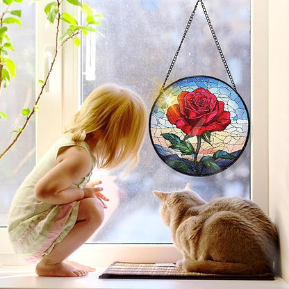 Bimkole Rose Stained Glass Suncatcher Window Hanging - Flowers Design for Indoor Window or Doorway Decoration - 7.87x7.87 inch with Chain and Hook - Unique Home Decor Gift