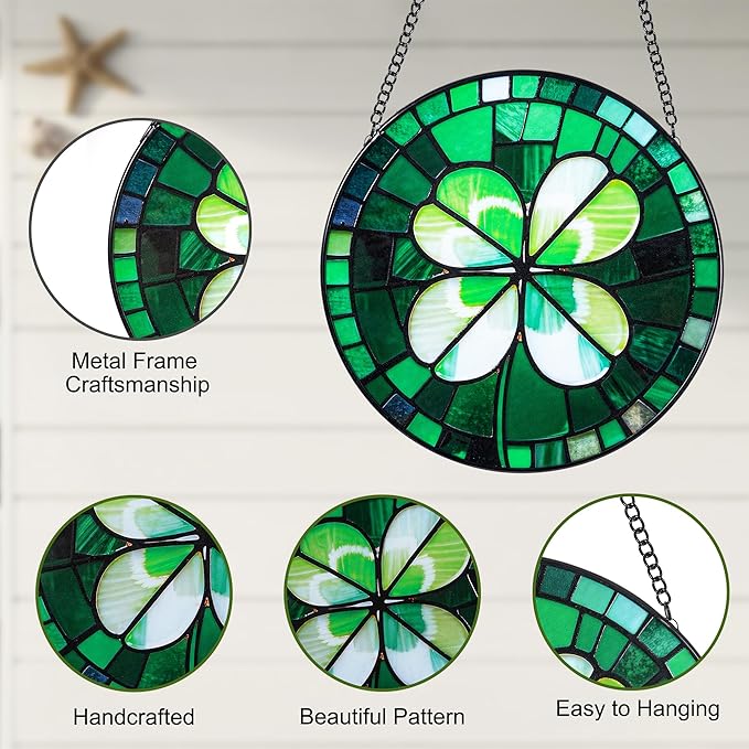 Stained Glass Window Hanging, Green Four Leaf Clover Suncatcher 7.8 in Sun Catcher Boho Wall Art Decor with Chain Diamond Glass Panel Hangings Scenery Sun Catchers Decor for Lover Couple Mom