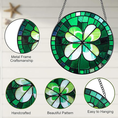 Stained Glass Window Hanging, Green Four Leaf Clover Suncatcher 7.8 in Sun Catcher Boho Wall Art Decor with Chain Diamond Glass Panel Hangings Scenery Sun Catchers Decor for Lover Couple Mom