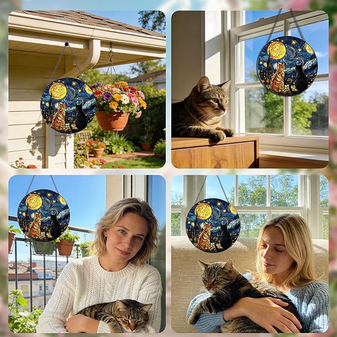 Rngmsi Stained Glass Window Hanging, 7.8″ Cat Oil Painting Sun Catchers with Hook Indoor Window Decor, Decorative Suncatchers Hanging Ornaments Home Garden Art Gift for Housewarming