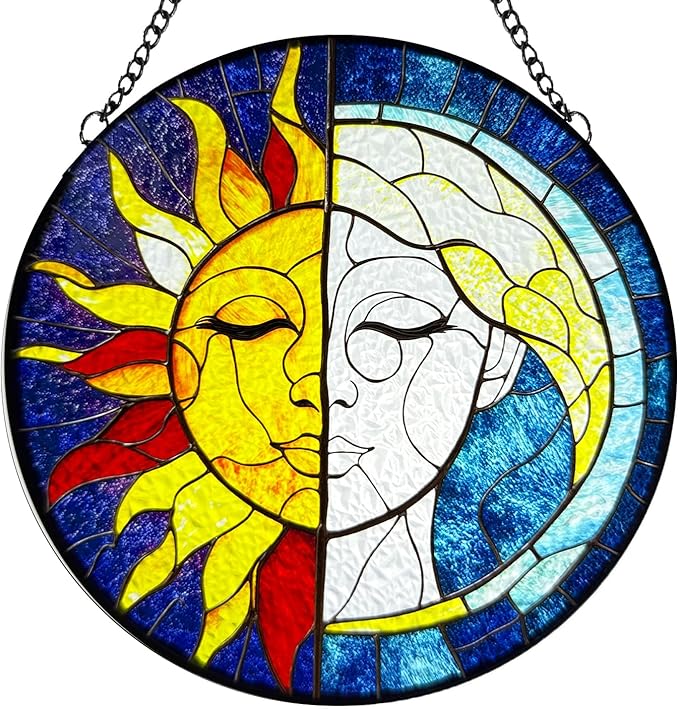 Sun Catchers Indoor Window Sun and Moon Stained Glass - Handmade Stained Glass Suncatchers Hanging with Hook and Chain - Outdoor Garden Decor Housewarming Gift for Christmas and Thanksgiving