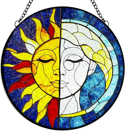 Sun Catchers Indoor Window Sun and Moon Stained Glass - Handmade Stained Glass Suncatchers Hanging with Hook and Chain - Outdoor Garden Decor Housewarming Gift for Christmas and Thanksgiving