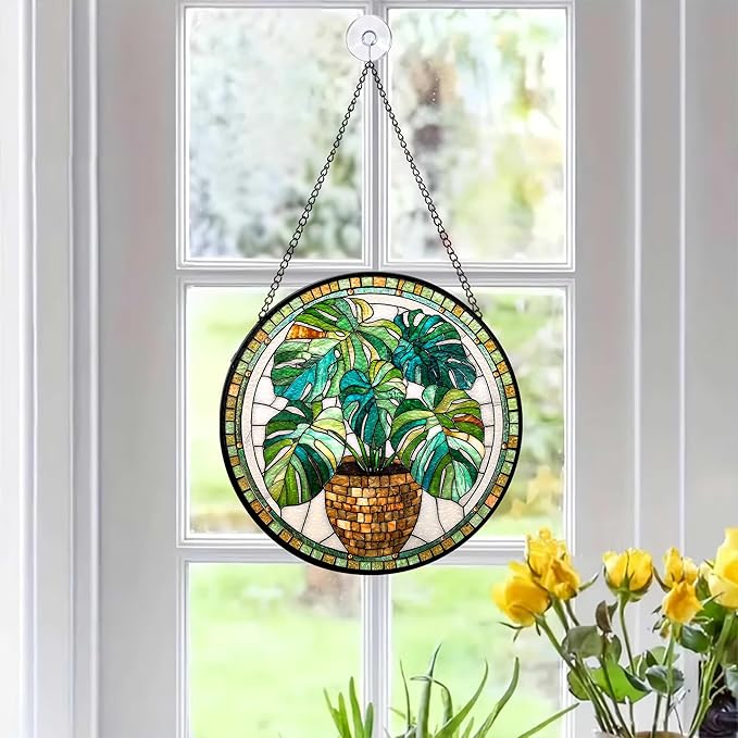 7.8" Green Plant Suncatcher Stained Glass Window Hanging Monstera Plants Sun Catchers Nature Ornaments Wall Art Garden Home Room Yard Door Decor Birthday for Women Mom