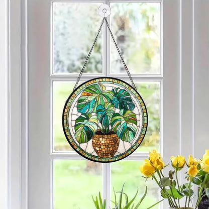 7.8" Green Plant Suncatcher Stained Glass Window Hanging Monstera Plants Sun Catchers Nature Ornaments Wall Art Garden Home Room Yard Door Decor Birthday for Women Mom