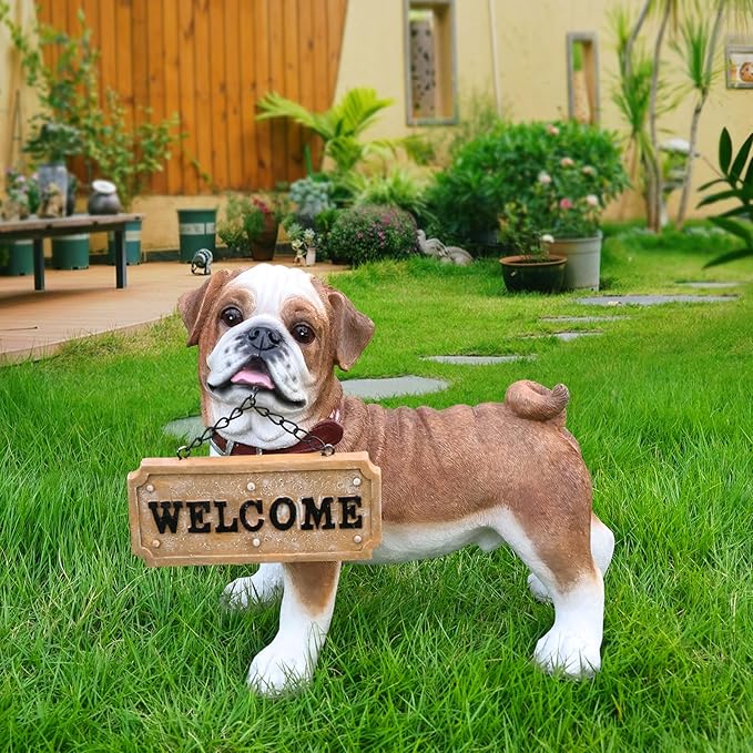 Pug Dog Garden Statue with Solar Lantern Light, Outdoor Bulldog Sculpture with Welcome & On Patrol Sign, Resin Animal Figurine for Patio Yard Lawn Porch Decor, Dog Lover Gifts