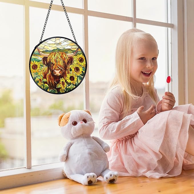 Highland Cow Decor, Sunflower Suncatchers Stained Glass Window Hanging, Western Highland Cow Flower Sun Catchers Indoor Window Glass Round Wall Decor 7.9x7.9in