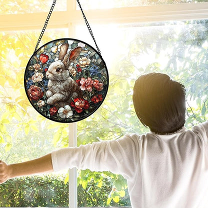 DASTOLL Stained Glass Window Hanging - Cute Rabbit Flowers Suncatcher Ready to Hang Window Doors Home Decoration, Christmas, Mother's Day Birthday Gifts for Women, Men, and Mom 7.8x7.8 in