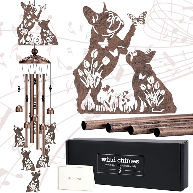 French Bulldog Gifts Windchimes - Metal Wind Chimes for Outside Dog Decor with Greeting Card Garden Yard Patio Indoor Home Art Hanging Birthday Gift for Animal Lover Women Mom Grandma Wife