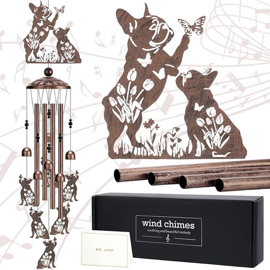 French Bulldog Gifts Windchimes - Metal Wind Chimes for Outside Dog Decor with Greeting Card Garden Yard Patio Indoor Home Art Hanging Birthday Gift for Animal Lover Women Mom Grandma Wife