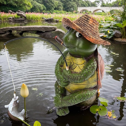 9.5" Turtle Fishing Sculptures & Statues, Whimsical Yard Art, Funny Pond Fisherman, Cute Outdoor Ornament, Unique Gift for Turtle Fishing Lovers
