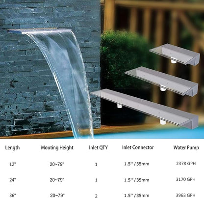 YUDA 36" Acrylic Lighted Waterfall Spillway, Pool Fountain W/LED 7 Color Changing with Remote Control for Sheer Descent Garden Outdoor