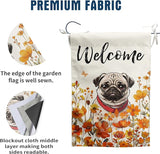 Floral Pug Garden Flag Fall Yard Flag Wildflower Dog Garden Flags Orange Autumn Lawn Flags Welcome Thanksgiving Outdoor Flags for Outside 12x18 Double Sided Small