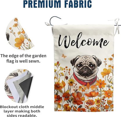 Floral Pug Garden Flag Fall Yard Flag Wildflower Dog Garden Flags Orange Autumn Lawn Flags Welcome Thanksgiving Outdoor Flags for Outside 12x18 Double Sided Small