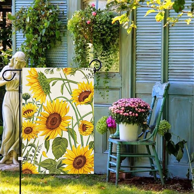 Baccessor Spring Summer Sunflower Garden Flag 12.5 x 18 Inch Double Sided Burlap Summer Yellow Flower Green Leaf Farmhouse Small Yard Flag Summer Holiday Seasonal Outdoor Outside Decoration