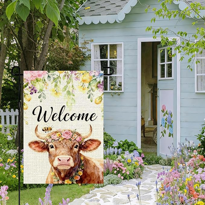IVN Welcome Cow Spring Garden Flag 12x18 Inch Farmhouse Highland Cow Watercolor Floral Crown Bee Rustic Farmhouse Buffalo Front Door Burlap Double Sided Vertical Small Yard House Flag Seasonal Outdoor Decoration for Outside Home Lawn Porch Patio Spring...