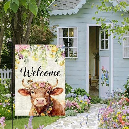 IVN Welcome Cow Spring Garden Flag 12x18 Inch Farmhouse Highland Cow Watercolor Floral Crown Bee Rustic Farmhouse Buffalo Front Door Burlap Double Sided Vertical Small Yard House Flag Seasonal Outdoor Decoration for Outside Home Lawn Porch Patio Spring...