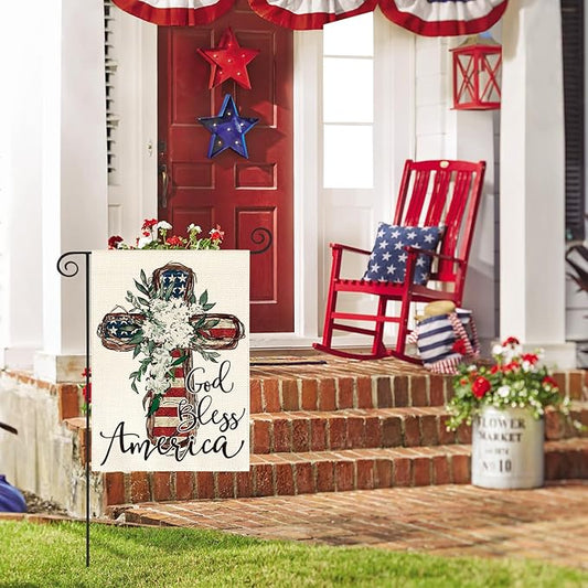 AVOIN colorlife God Bless America Stars and Stripes Garden Flag 12x18 Inch Double Sided, Memorial Day 4th of July Patriotic Lily Cross Yard Outdoor Decoration