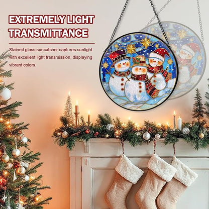 Christmas Decorations Stained Glass Window Hanging, Snowman Suncatcher for Window Hanging, Sun Catchers Indoor Windows Wall Art for Mom Grandma, Christmas Decor or Home Garden Office 7.87 inches