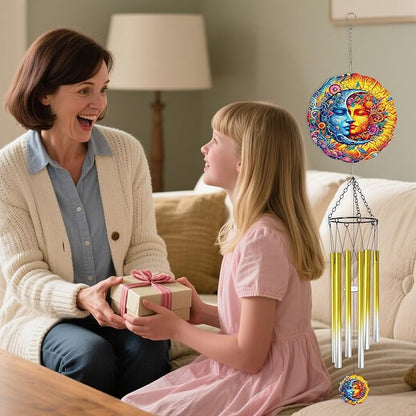 Wind Chime with Sun and Moon Spinner, Celestial Gift for Women, Hanging Metal Wind Catcher with 2" Center Pendant, 6" 3D Stainless Steel Kinetic Art for Garden Yard Décor