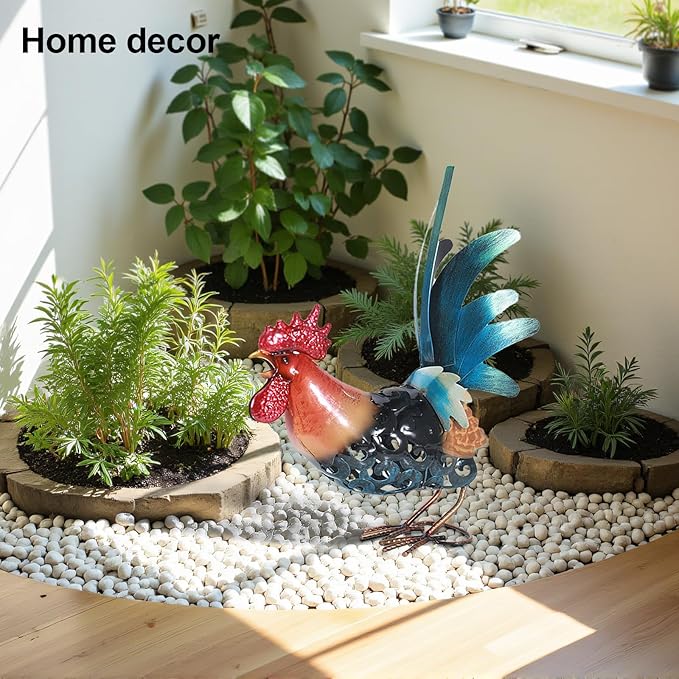 16.5" Whimsical Metal Rooster Garden Statue, Handmade Morning Crowing Rooster Sculpture with Green Tail Feathers, Rust-Resistant Iron Art for Yard, Farmhouse, Kitchen & Outdoor Decor