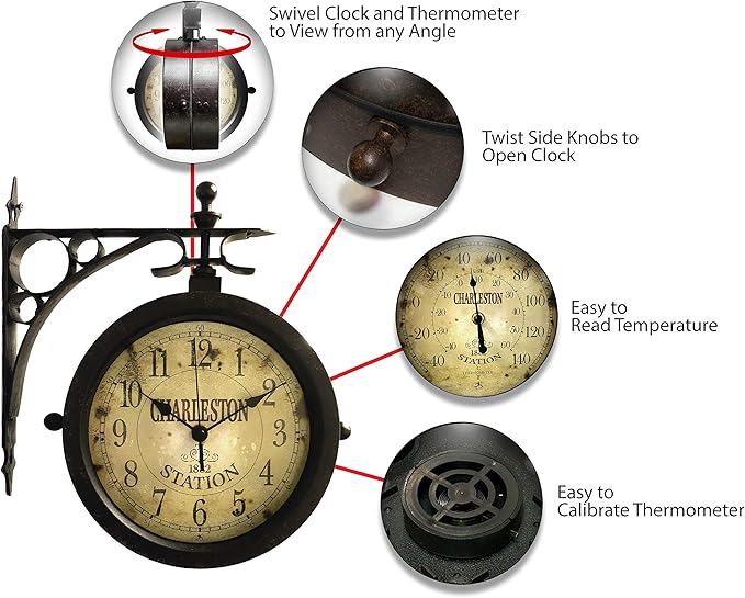 Infinity Instruments Charelston Metal Outdoor Clock, Waterproof Double Sided Train Station Clock & Thermometer