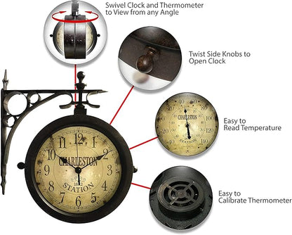 Infinity Instruments Charelston Metal Outdoor Clock, Waterproof Double Sided Train Station Clock & Thermometer