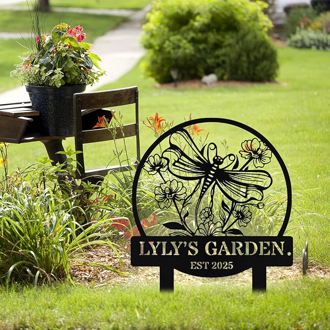 Personalized Metal Dragonfly Garden Signs with Stake, Custom Garden Signs for Outside Waterproof, Customized Name Sign Yard Lawn Gardens Decor Gardening Gifts for Moms Grandmas Gardeners