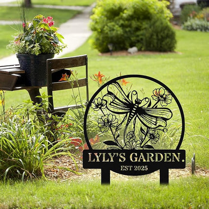 Personalized Metal Dragonfly Garden Signs with Stake, Custom Garden Signs for Outside Waterproof, Customized Name Sign Yard Lawn Gardens Decor Gardening Gifts for Moms Grandmas Gardeners