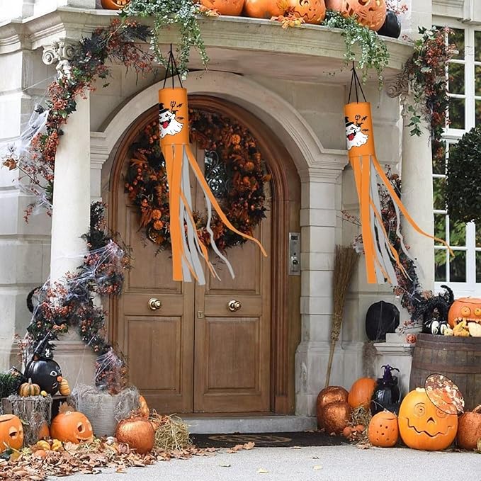 Halloween Ghost Print Pinecone 2 Pieces Windsocks Hanging Outdoor Decor for Home Yard Patio Lawn Garden Fall Thanksgiving Decoration