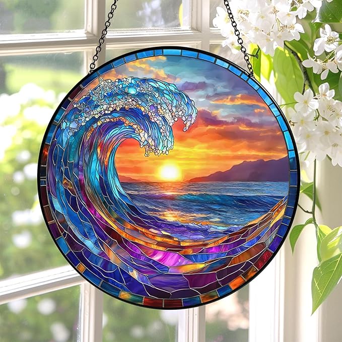 Stained Glass Window Hanging, Ocean Wave Sunset Sun Catchers 7.8 in Coastal Beach Glass Panel Suncatcher Decor for Birthday for Women, Men, Wife, and Mom