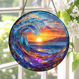 Stained Glass Window Hanging, Ocean Wave Sunset Sun Catchers 7.8 in Coastal Beach Glass Panel Suncatcher Decor for Birthday for Women, Men, Wife, and Mom