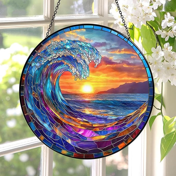 Stained Glass Window Hanging, Ocean Wave Sunset Sun Catchers 7.8 in Coastal Beach Glass Panel Suncatcher Decor for Birthday for Women, Men, Wife, and Mom