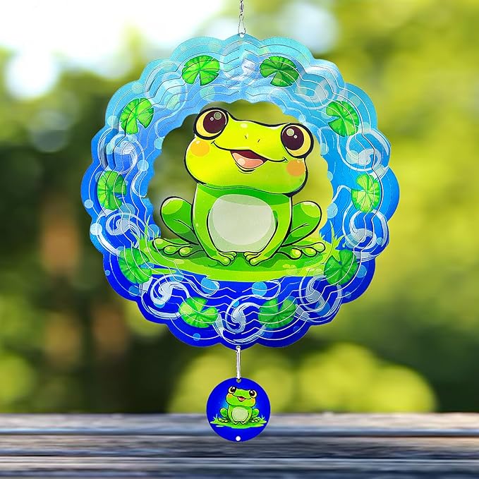 Frog Wind Spinners Outdoor Garden Decor for Outside - 12 Inch 3D Stainless Steel Metal Wind Spinners - Frog Gardening Gifts for Women, Yard Decorations Outdoor Hanging Decor