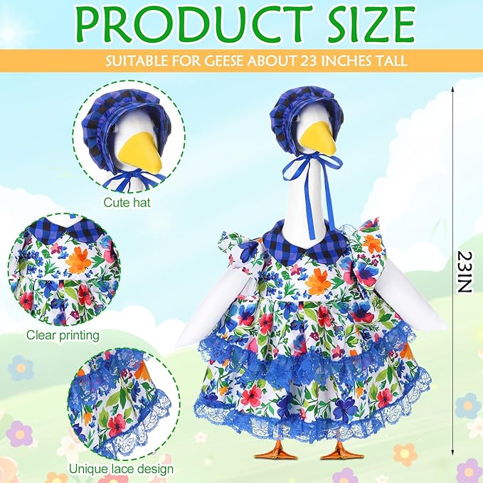 Abbylike 1 Set Spring Porch Goose Outfits Flower Lolita Dress Hat Floral Goose Clothes Costume Fits Large 23'' Cement for Spring Summer Outdoor Garden Yard Patio Lawn Statue Pathway Art Decorations