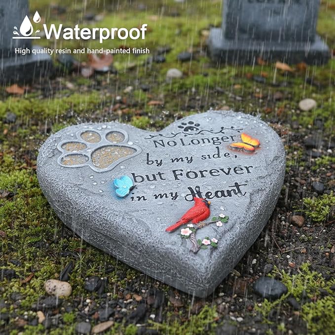 Dog Memorial Stone with Paw Print, Cardinal & Butterfly Pet Loss Sympathy Gift 10 inch, Pet Grave Markers Dog Bereavement Gifts Heart-Shaped Doggy Passing Away Gifts