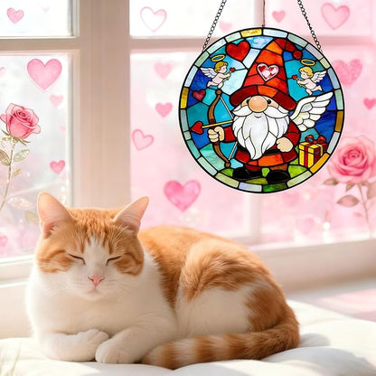 Funoasis Valentine's Day Stained Glass Suncatcher - 6.3 Inches Cupid Heart Gnome Ornament Window Hanging Decor for Home and Lover Gift