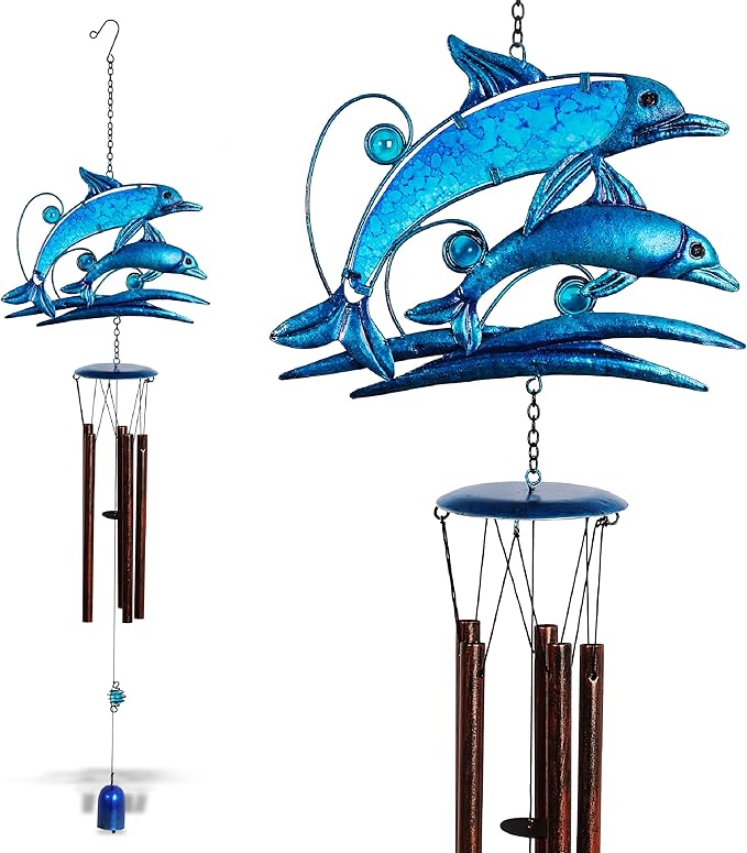 CoTa Global Jumping Dolphins Wind Chime - Handcrafted Glass and Metal Chime - Hanging Dolphins Decoration for Indoor and Outdoor Spaces, Hanging Ocean Animal Windchime Decor Gift - 35 Inches