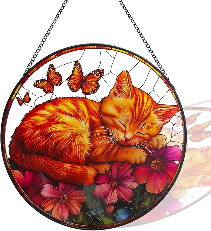 Cat Pattern Suncatcher Stained Glass for Kitty Lovers, Stain Glass Windows Hanging 9.8'' Painted Sun Catcher Hangings Sleeping Cat Home Decor Gift for Women