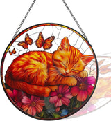 Cat Pattern Suncatcher Stained Glass for Kitty Lovers, Stain Glass Windows Hanging 9.8'' Painted Sun Catcher Hangings Sleeping Cat Home Decor Gift for Women