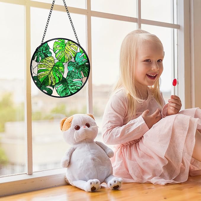 Monstera Leaf Plant Suncatchers Stained Glass Window Hanging, Monstera Decor Sun Catchers Indoor Window Glass Round Wall Decor, Plant Lovers Gifts Wall Hanging Decorations, 7.9x7.9in