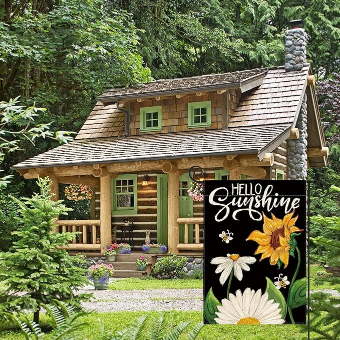 AVOIN colorlife Daisy Sunflower Hello Sunshine Garden Flag 12x18 Inch Double Sided, Summer Seasonal Holiday Burlap Yard Outdoor Decoration Black