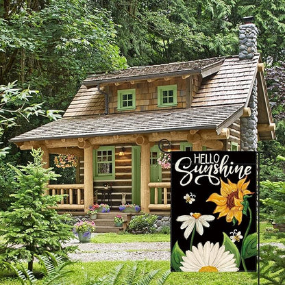 AVOIN colorlife Daisy Sunflower Hello Sunshine Garden Flag 12x18 Inch Double Sided, Summer Seasonal Holiday Burlap Yard Outdoor Decoration Black