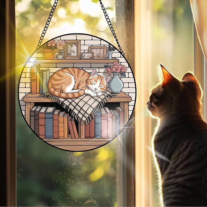 VAIIEYO Cat Sun Catcher Stained Glass Window Hanging Ornament, Handmade Bookshelf Sun Catcher Animal Decoration with Hooks for Window Garden Home, Mother's Day & Birthday Housewarming Gift (7.8 inch)