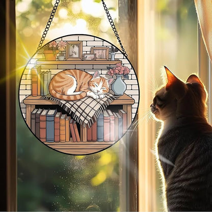VAIIEYO Cat Sun Catcher Stained Glass Window Hanging Ornament, Handmade Bookshelf Sun Catcher Animal Decoration with Hooks for Window Garden Home, Mother's Day & Birthday Housewarming Gift (7.8 inch)